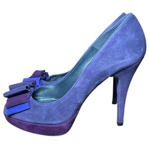 Stuart Weitzman size 9 purple/dark purple/blue suede platform peep toe stiletto.